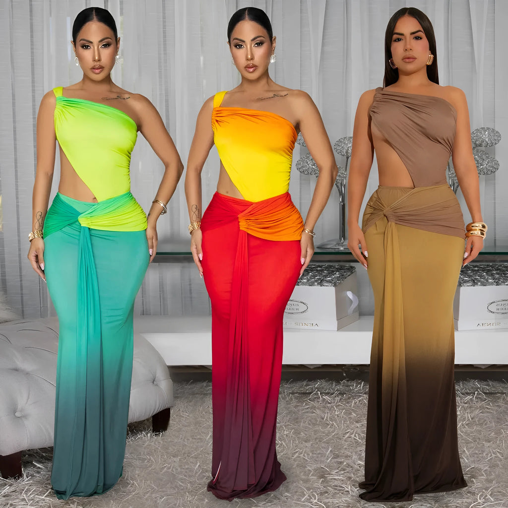 Women's gradient colour cross-shoulder sleeveless dress with a high-waisted long skirt.