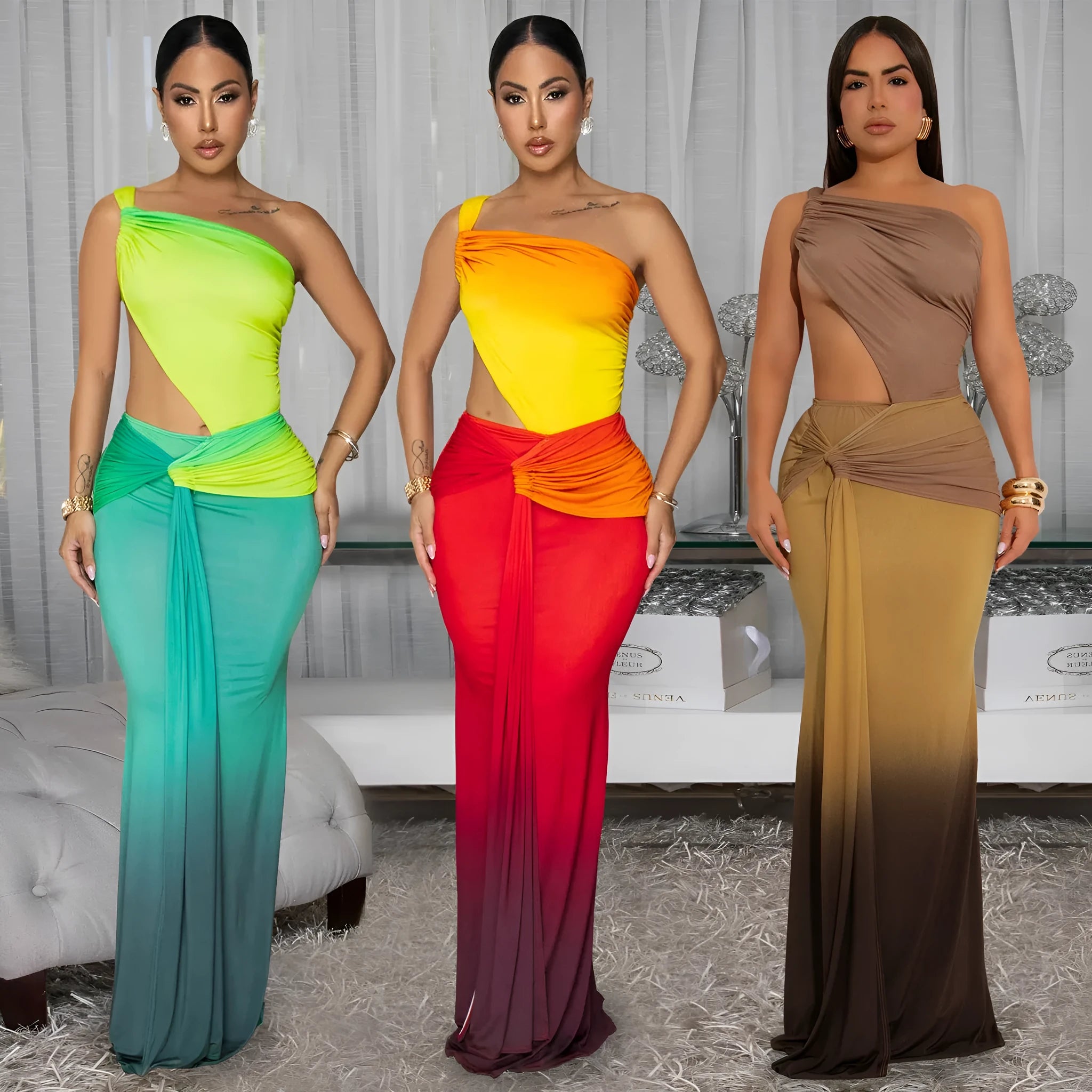 Women's gradient colour cross-shoulder sleeveless dress with a high-waisted long skirt.