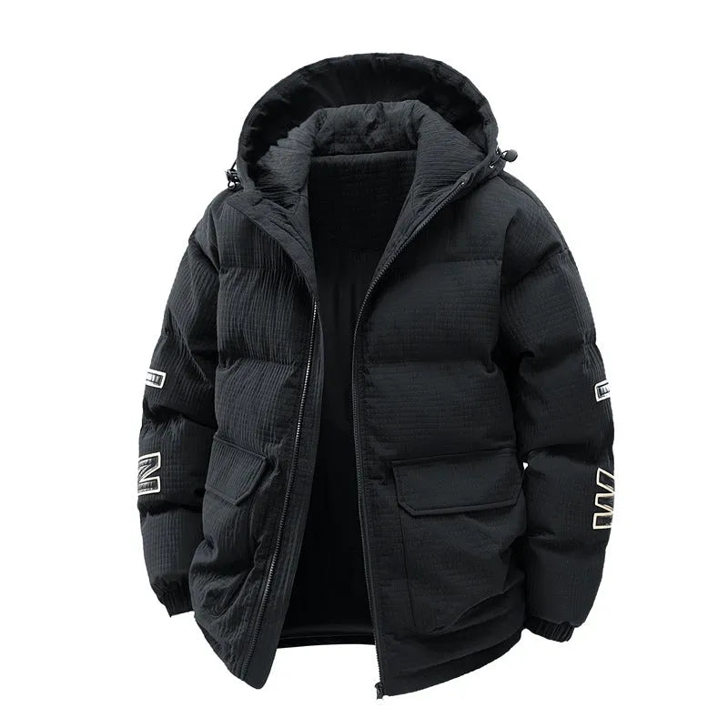 Men's black Korean-style hooded winter coat with letter-print detail and side pockets.