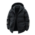 Men's black Korean-style hooded winter coat with letter-print detail and side pockets.