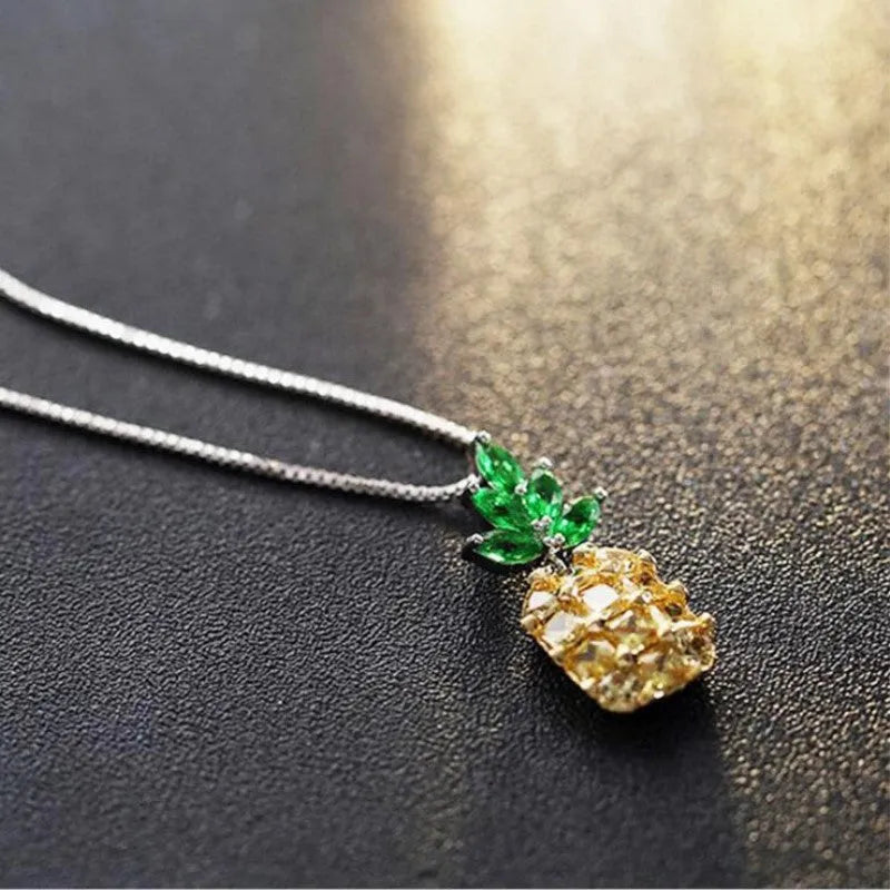 Geometric pineapple diamond pendant necklace on silver plated chain with copper white gold finish