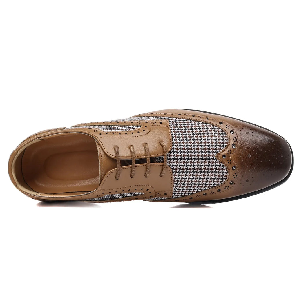 Men's black houndstooth plaid casual shoes with square toe and lace-up front.
