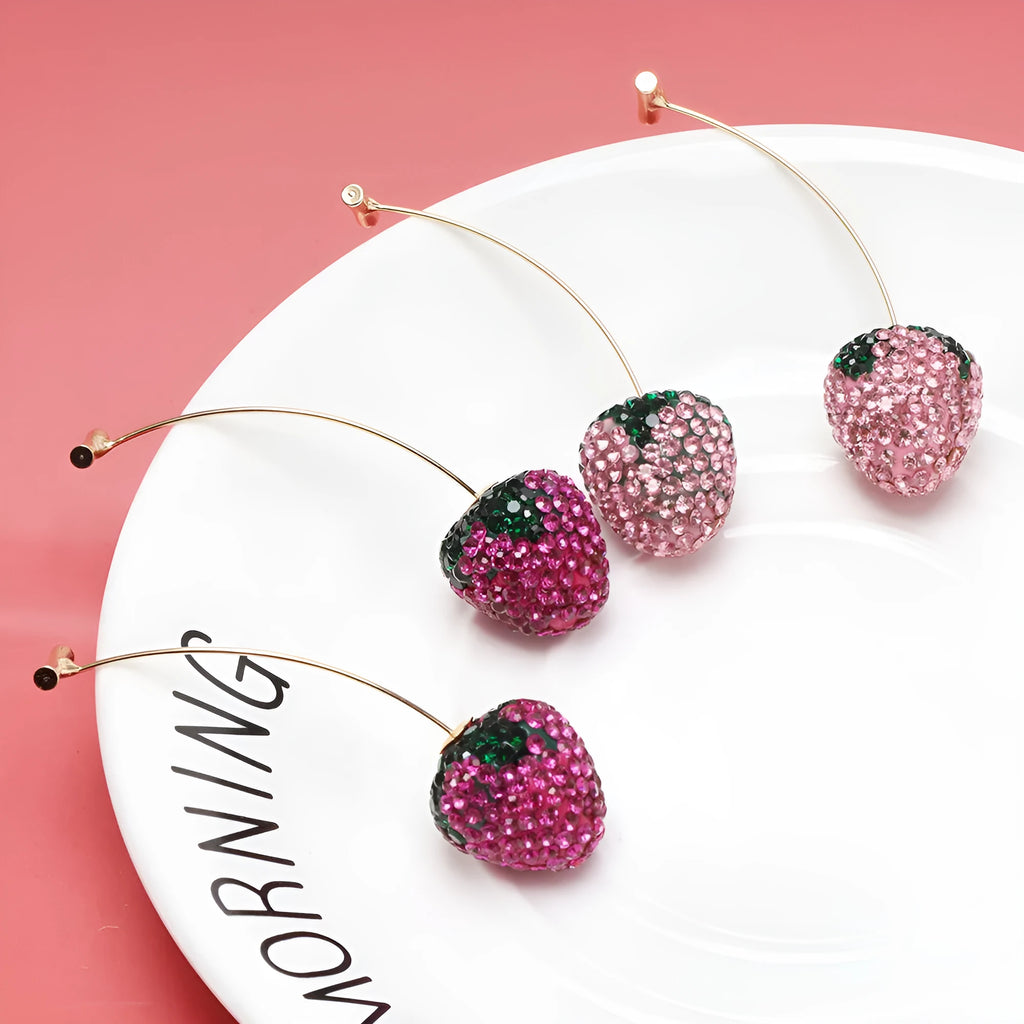 Geometric spot drill strawberry stud earrings for women in red, pink, purple, champagne, pink white or white powder.