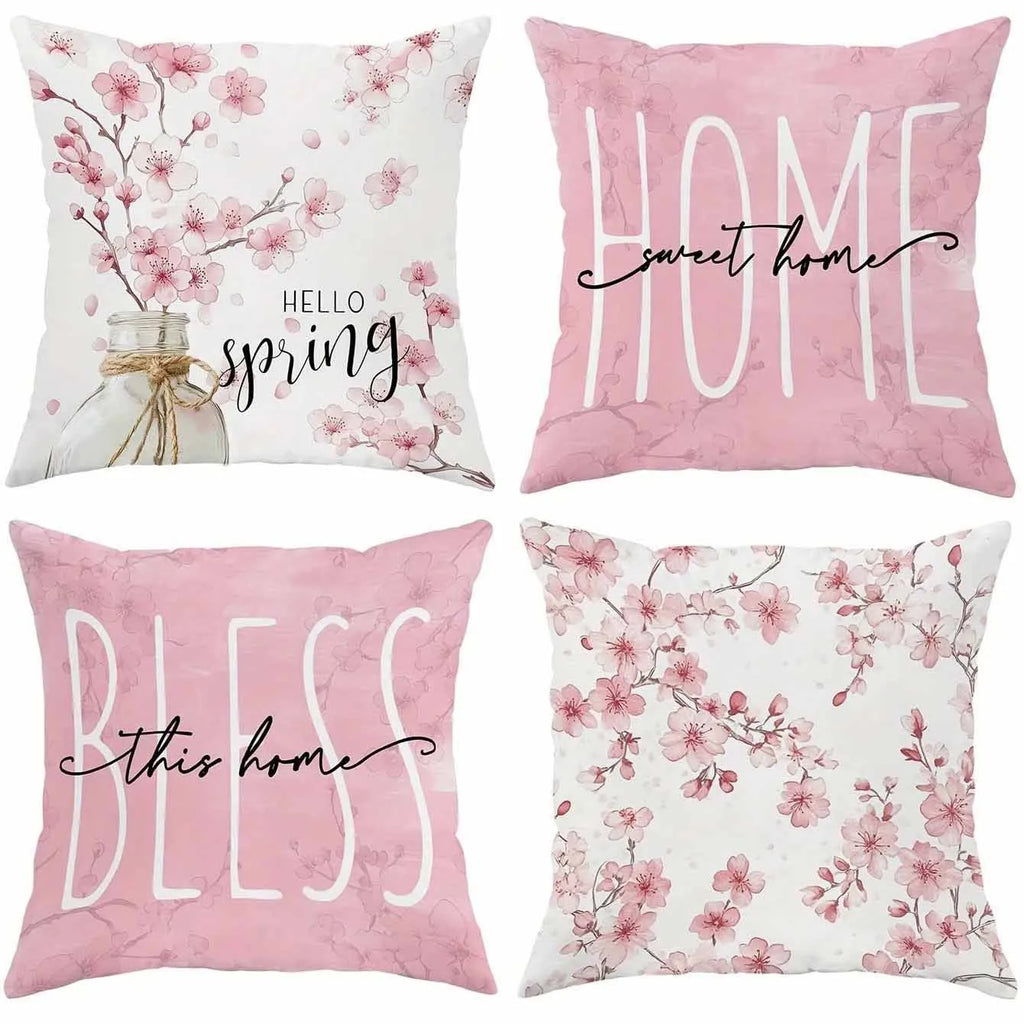 Cherry blossom letter design on a 45cm square short velvet cushion cover