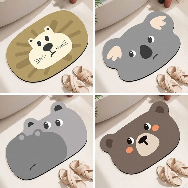 Colourful cartoon animal diatomite absorbent bathroom mat in alien shape on tiled floor.