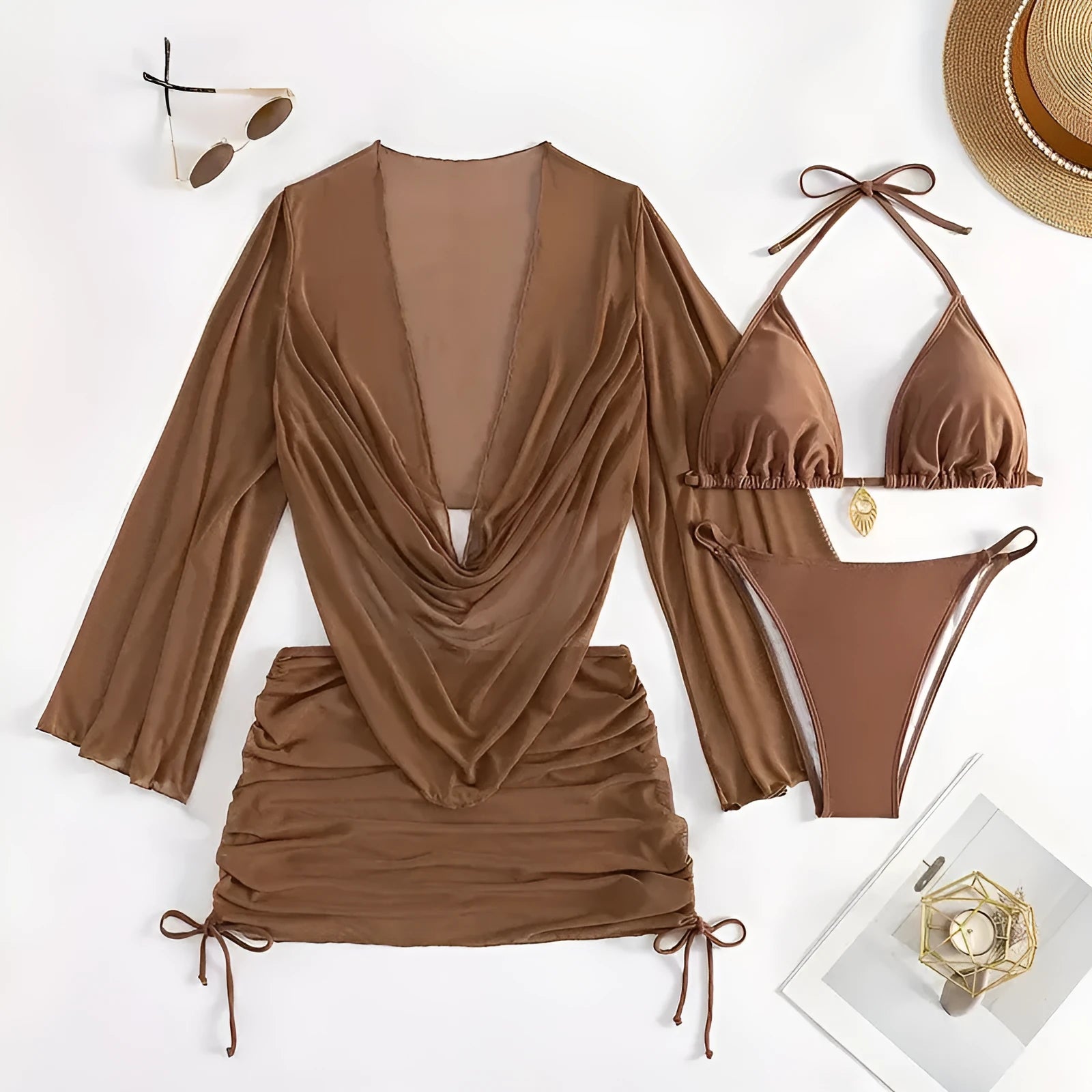 Dark brown women's lace-up bikini swimsuit set, backless and sleeveless design.