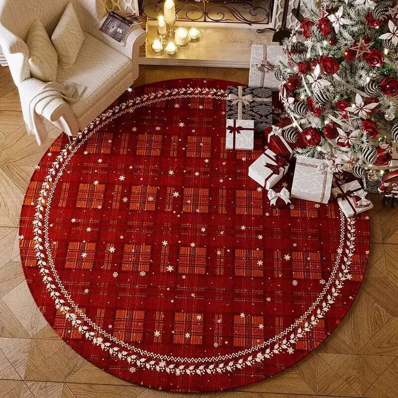 Round red and green Christmas themed non-slip polyester floor mat on a living room floor.