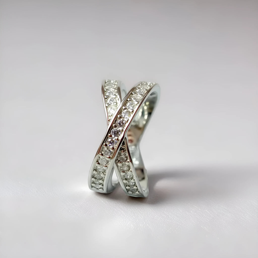 Metal cross ring with micro-inlaid zircon stones in silver or rose gold electroplated finish