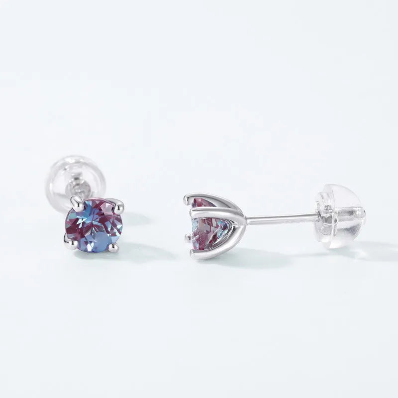 925 sterling silver ear studs with a round cultivate alexandrite stone, geometric simple style.