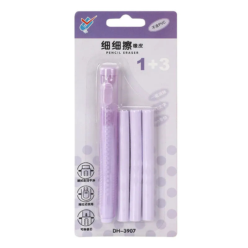 Push-type automatic children's eraser in four colour options showing traceless thin rubber and PVC construction