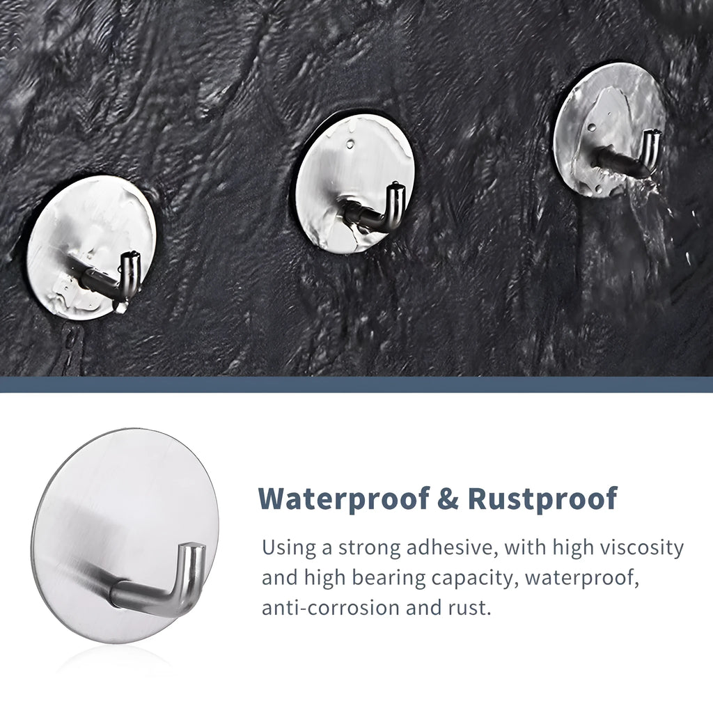 Round stainless steel self-adhesive wall hook in black and polished finish for bathroom and kitchen storage
