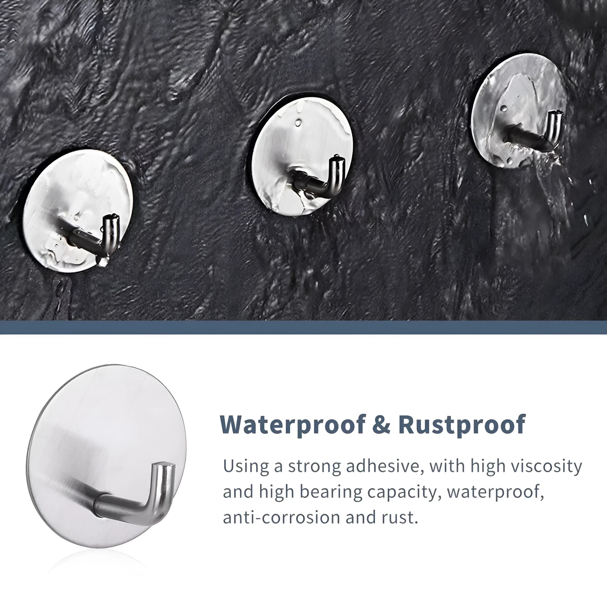Round stainless steel self-adhesive wall hook in black and polished finish for bathroom and kitchen storage