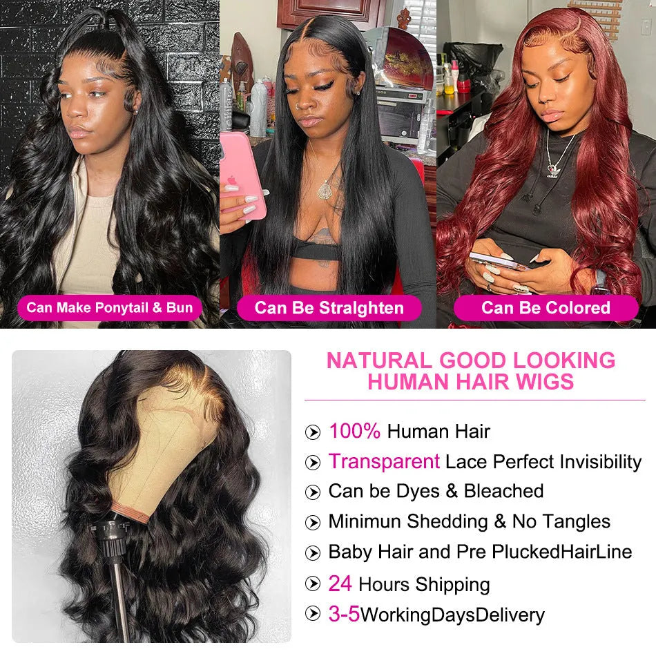 Black synthetic long curly wig with side bangs and a front lace hairline, shown at different lengths.