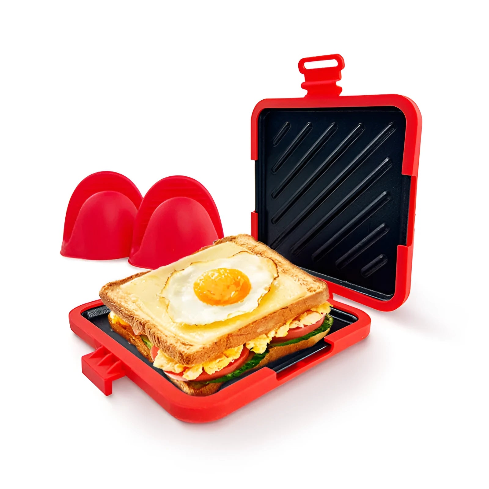 Red silicone baking tray with anti-scald handbag design and included oven gloves