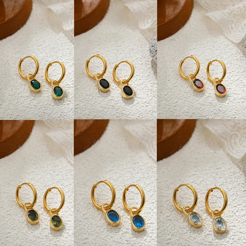 Women's retro-style oval zircon earrings in copper, shown in six colour options on a white background.