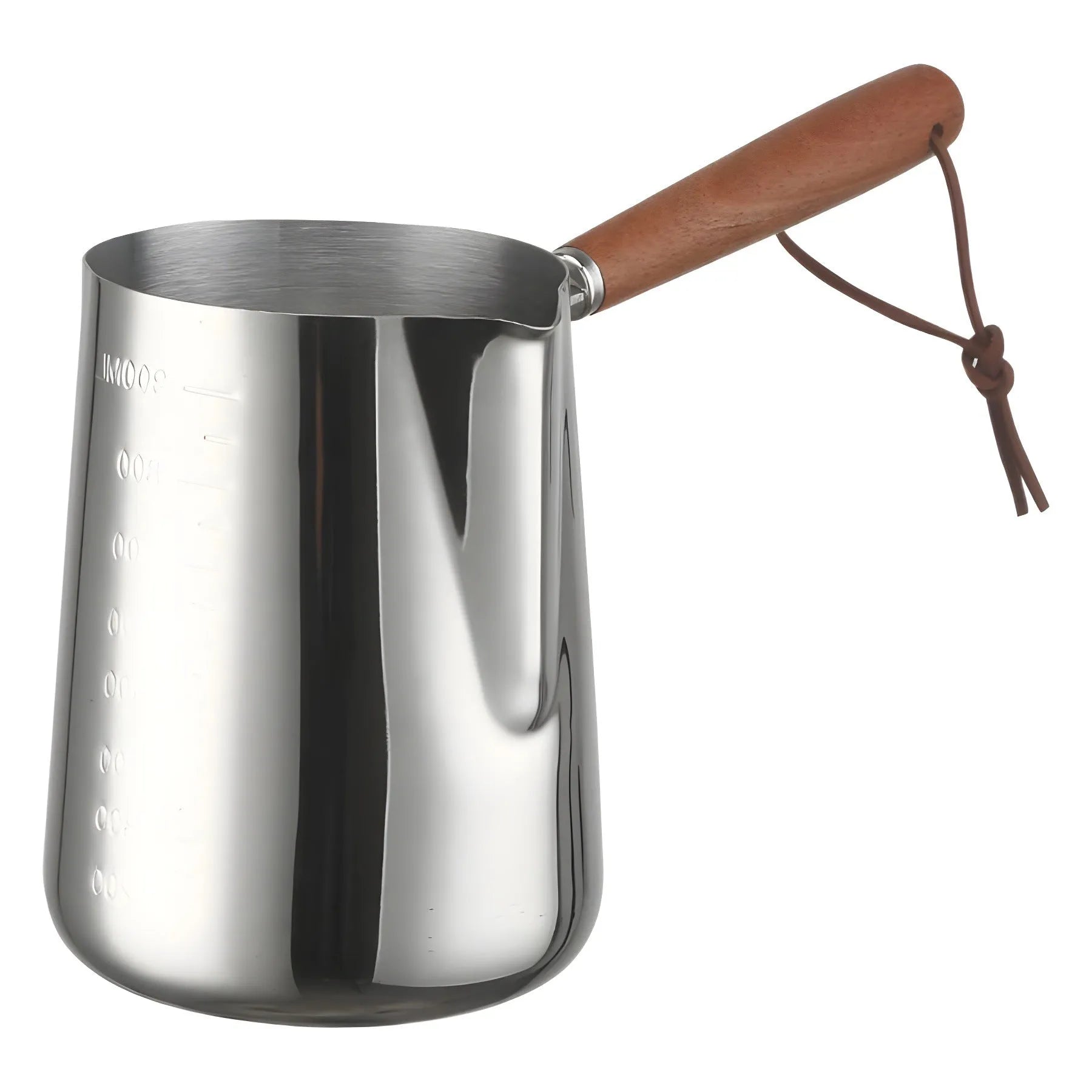 Stainless steel coffee cup with wooden handle and garland pattern design