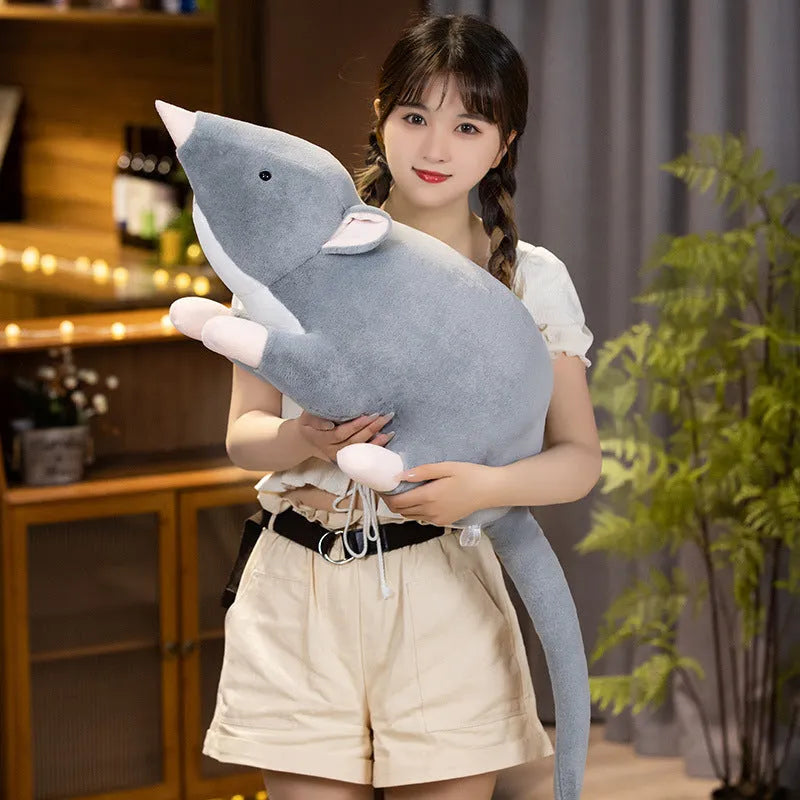 Cartoon mouse character plush stuffed toy doll in grey, shown in 32cm, 50cm, and 100cm sizes.