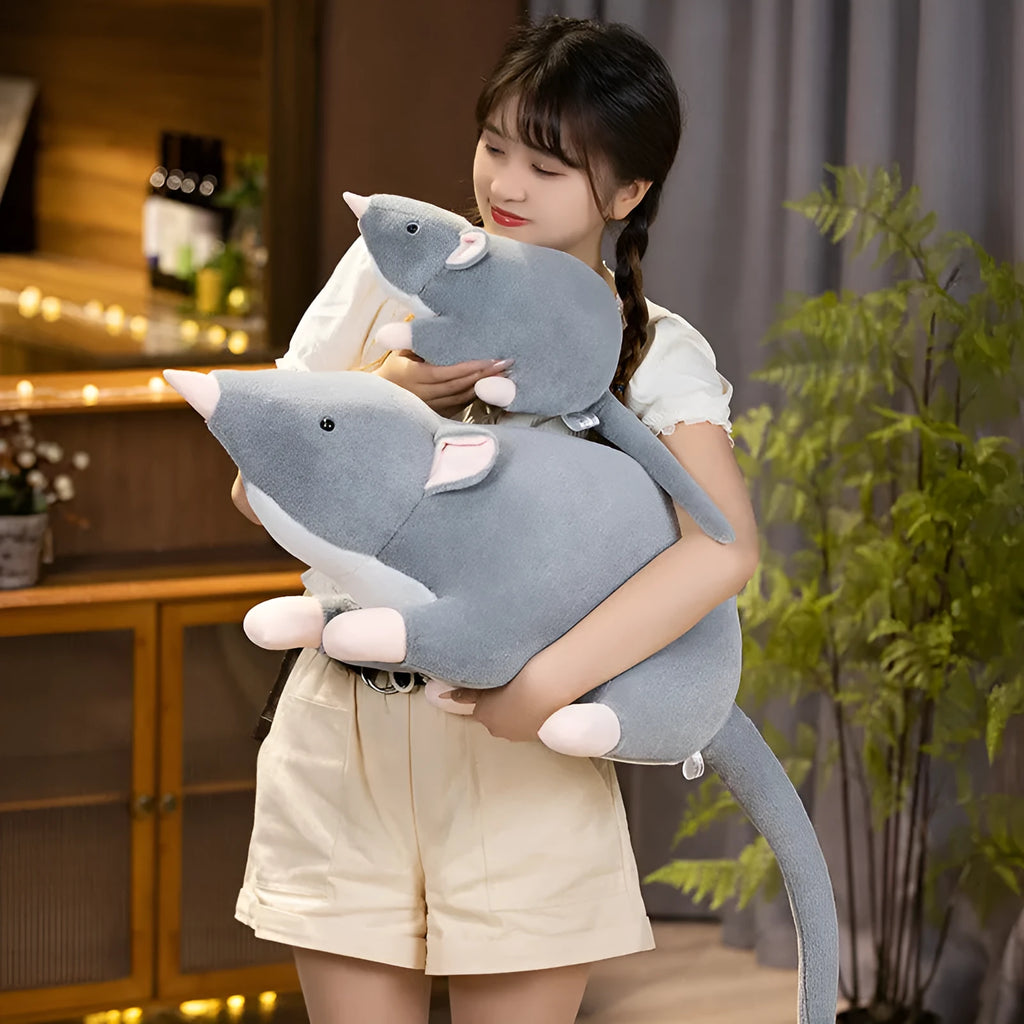 Cartoon mouse character plush stuffed toy doll in grey, shown in 32cm, 50cm, and 100cm sizes.