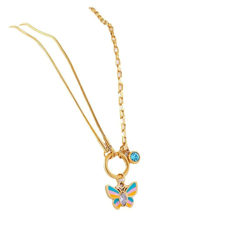 Gold titanium steel butterfly pendant necklace and bracelet set with snake bone chain style for women