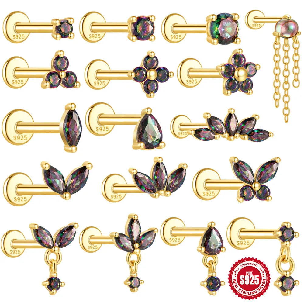 S925 sterling silver earring with rainbow stone and threaded post in a gold colour.
