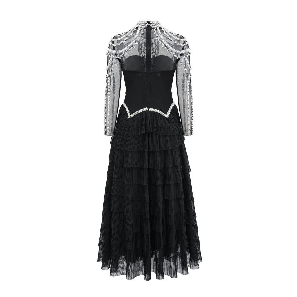 Women's long sleeve beaded dress in polyester fabric with mid waist design