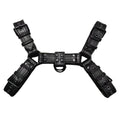 Black leather men's chest harness with metal buckle closures adjustable for 85-115 cm torso