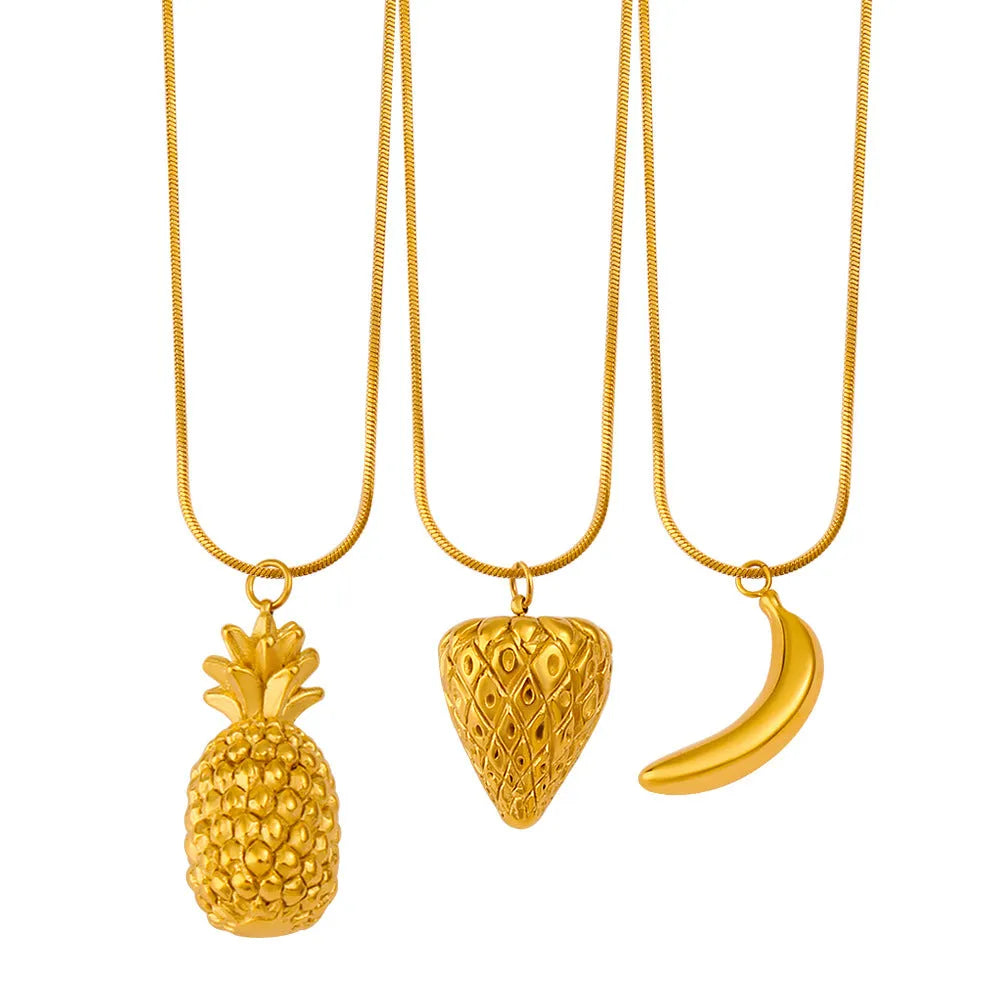 Stainless steel fruit necklace pendant with alloy chain showing apple, grape, and watermelon designs