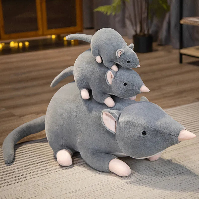 Cartoon mouse character plush stuffed toy doll in grey, shown in 32cm, 50cm, and 100cm sizes.