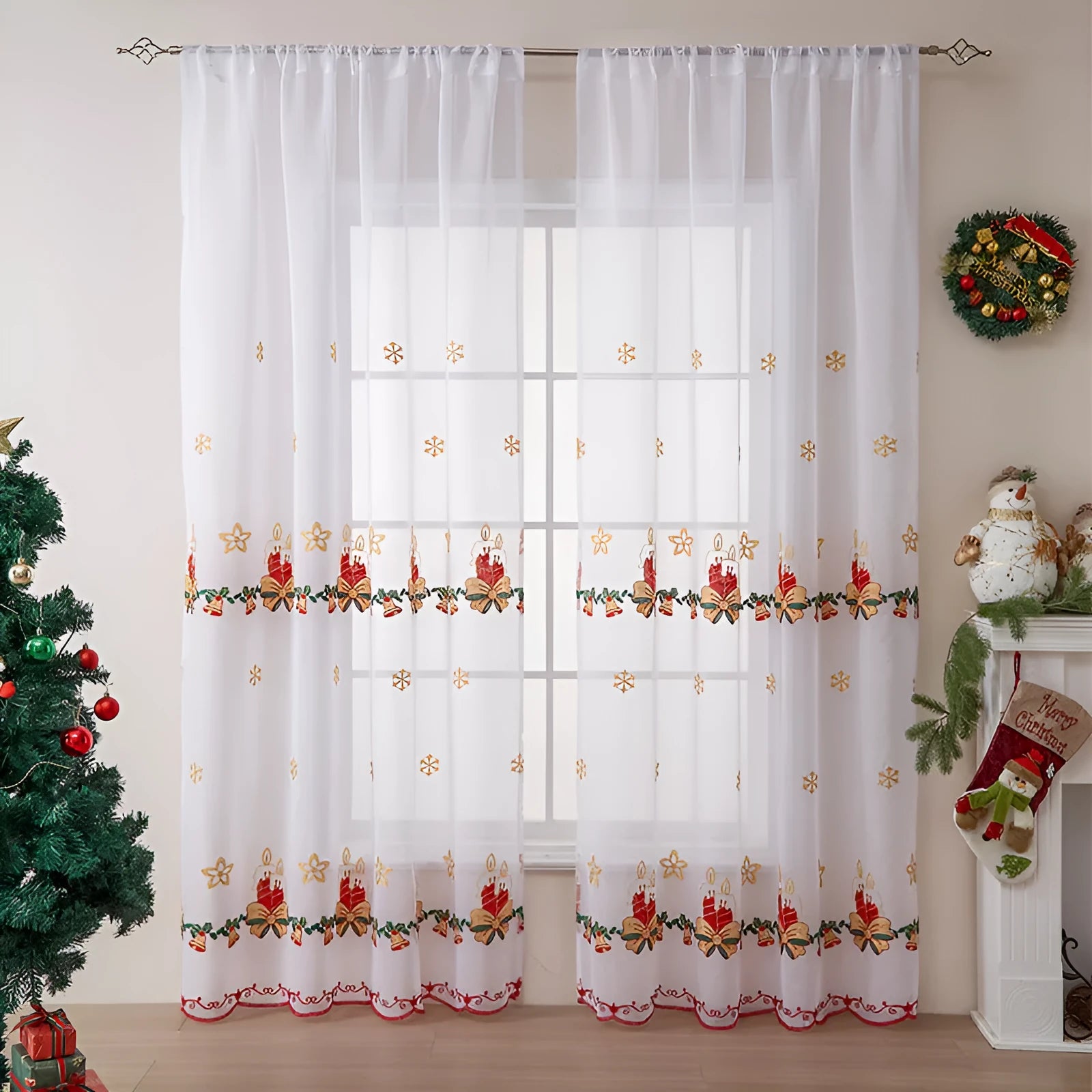 American Christmas curtains with snowflake embroidery pattern in polyester semi-sunshade fabric