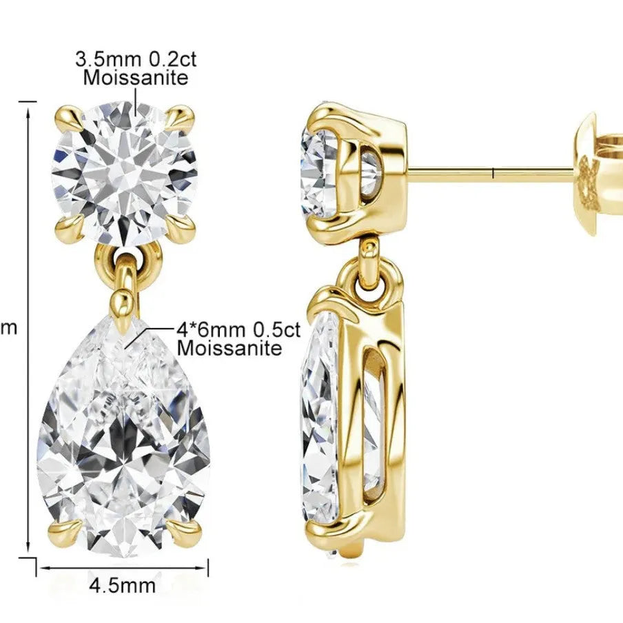 925 sterling silver geometric water drop moissanite stud earrings with round stones in gold or silver colour