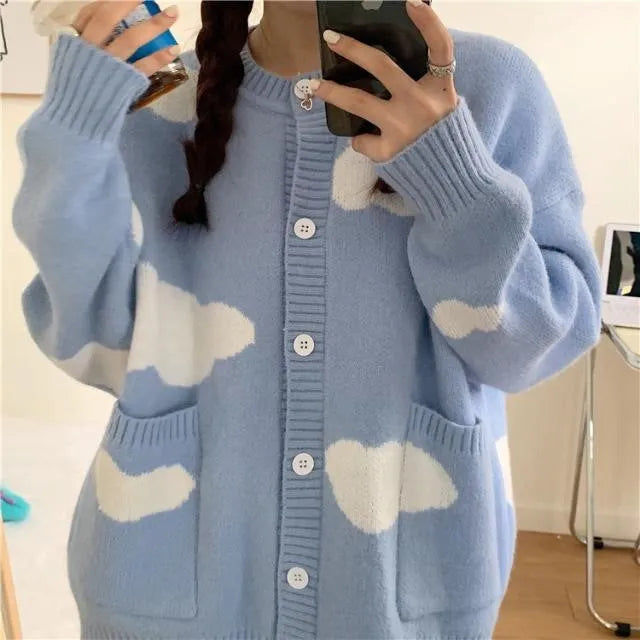 Women's loose fit blue spandex cardigan with cloud pattern and long sleeves