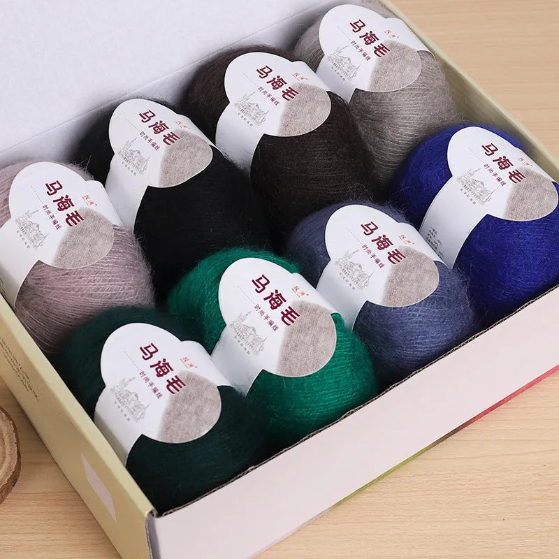 Mohair scarf DIY knitting kit with wool ball showing thirty-four colour options