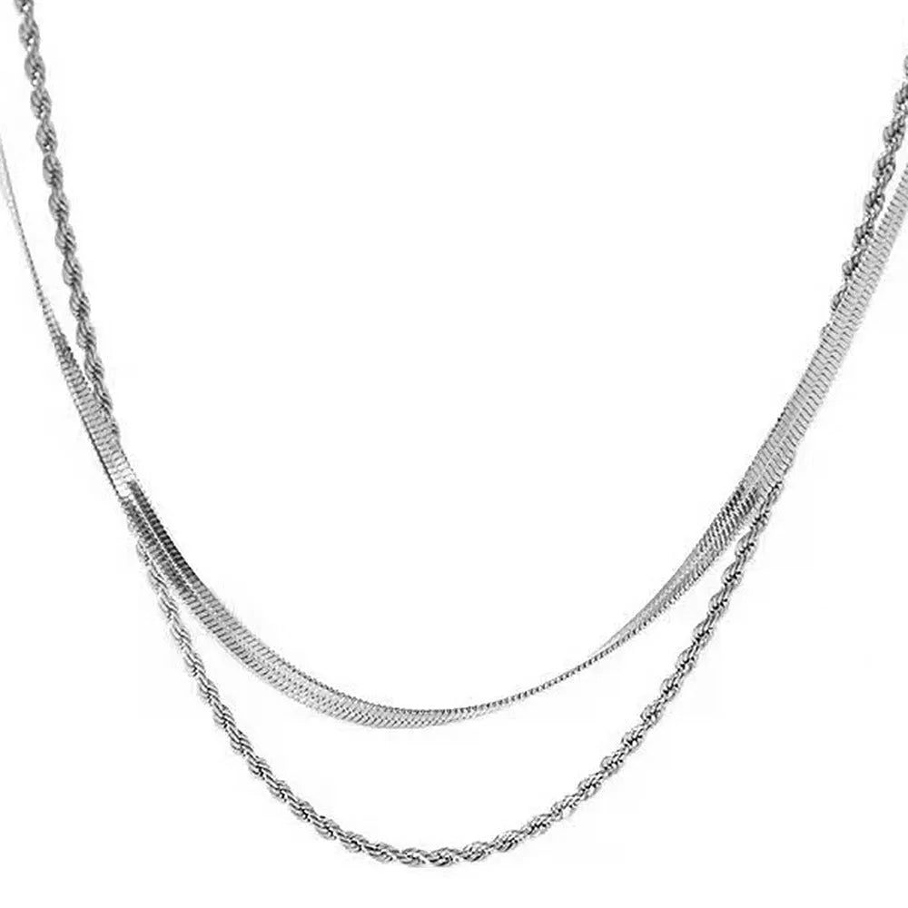 Women's adjustable double-layer twist necklace with geometric titanium steel pendant and snake bone chain