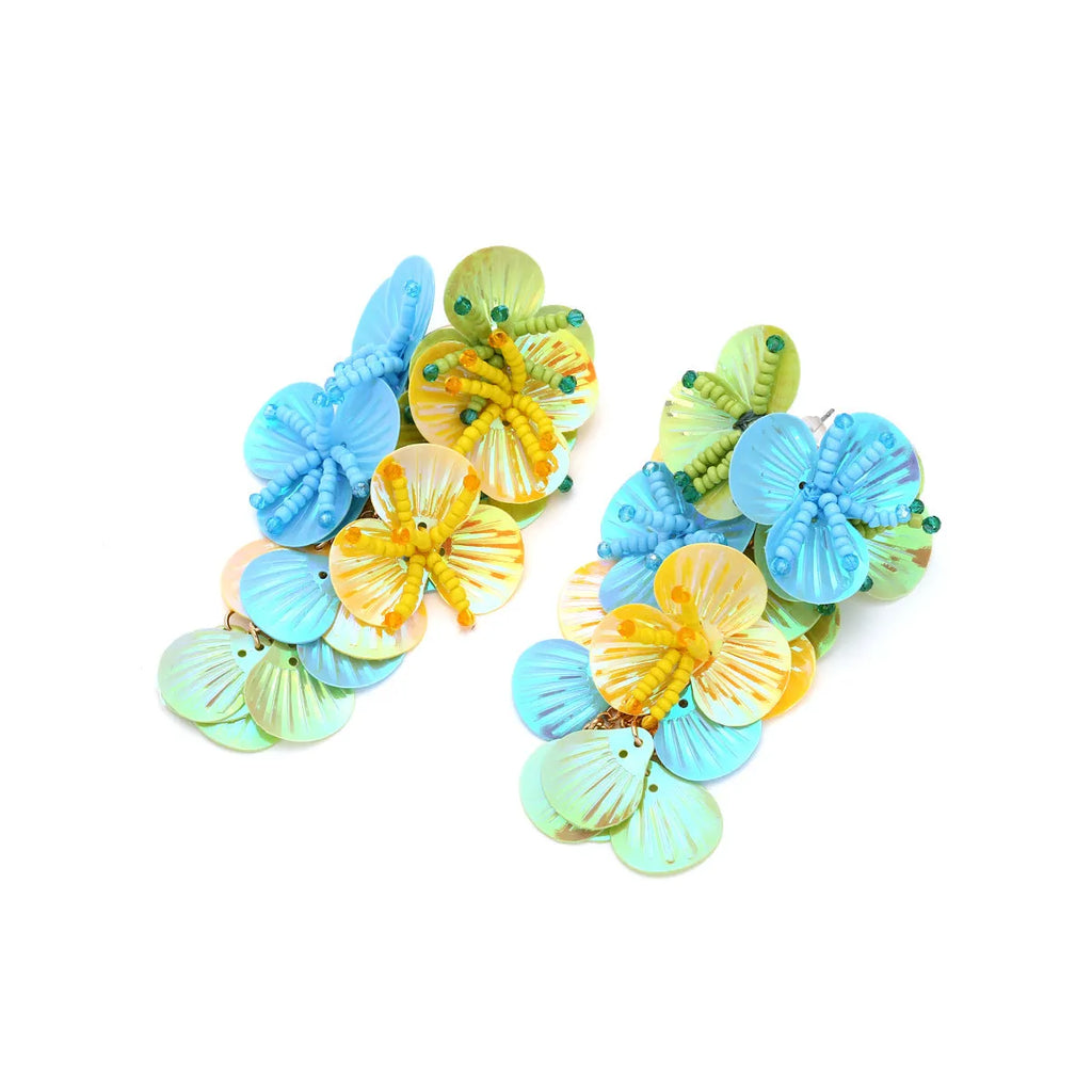 Handmade exaggerated dopamine style flower earrings with mixed material floral and leaf designs
