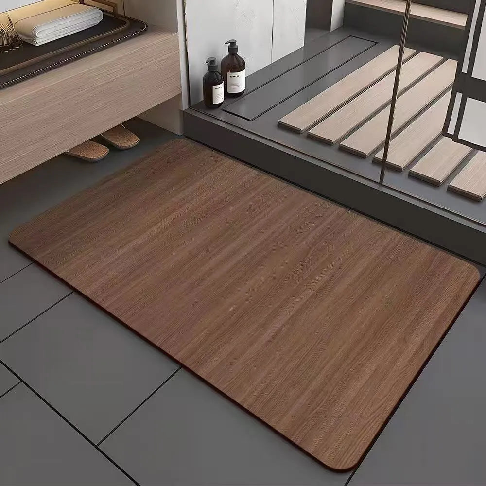 American style square diatom ooze floor mat with wood grain geometric pattern, shown in a bathroom setting.
