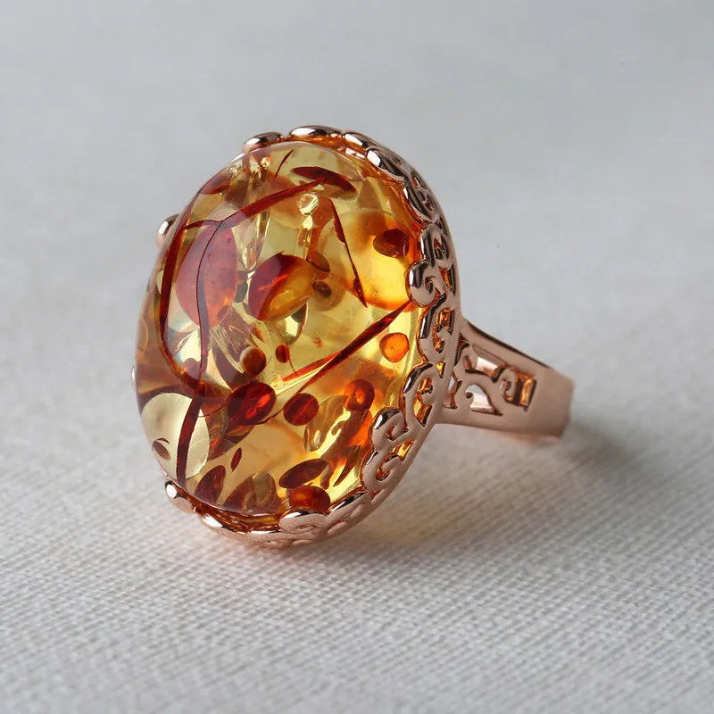 Retro ethnic style amber ring with New Amber Type A stone and alloy band for men and women