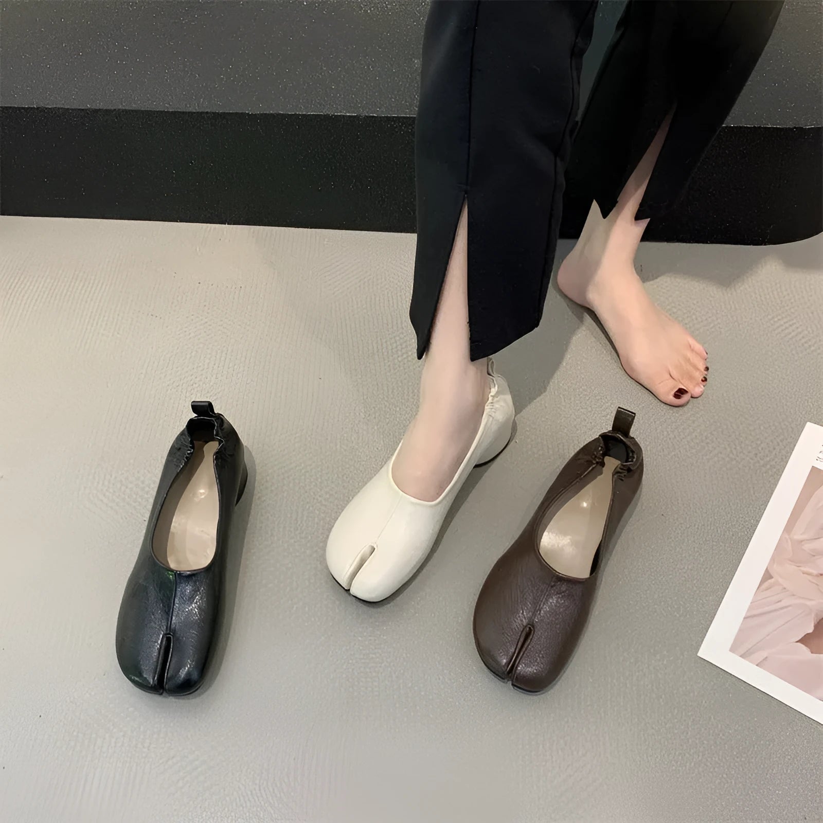 Women's round toe chunky heel pumps in apricot with a split toe horseshoe design and low heel.
