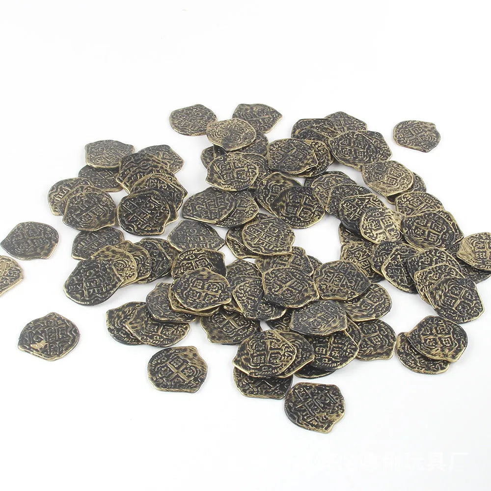 Set of 100 plastic Roman pirate coins with gold, silver, or bronze electroplated finish.