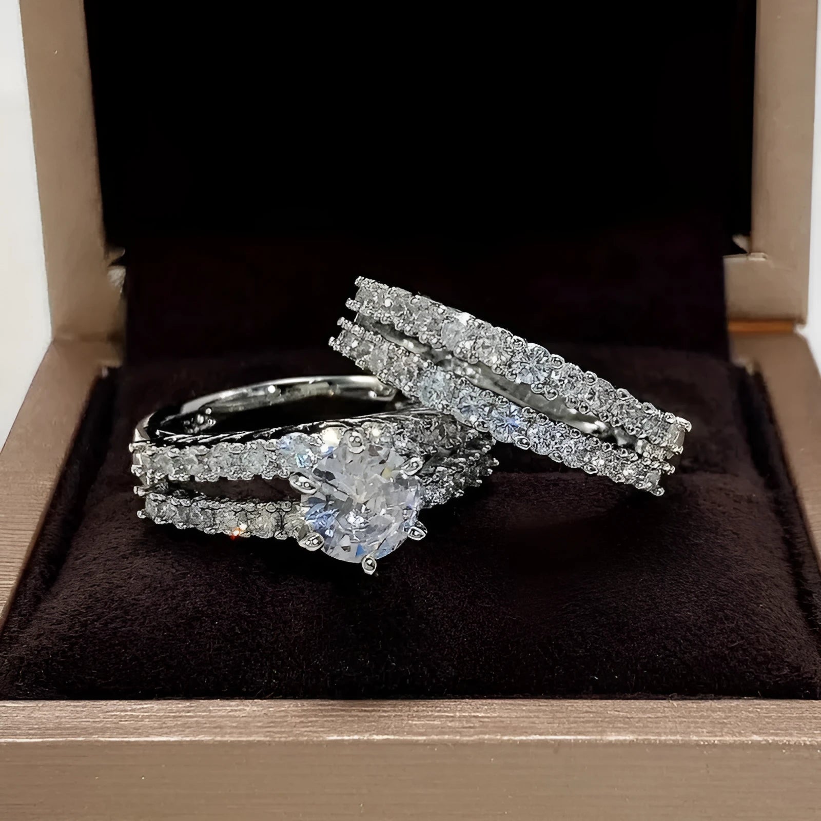 2 in 1 fully jewelled female ring set in geometric design with diamond treatment, shown in silver, gold, and rose gold colours