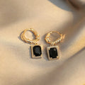 Geometric black zircon copper earrings with quadrilateral shape and retro French Court design