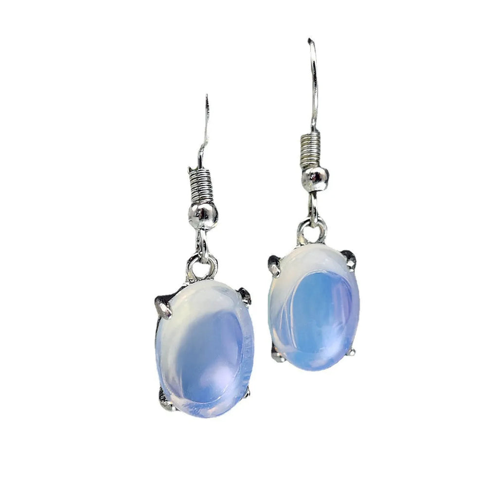 Moonlight White opal earrings with electroplated alloy construction in drop shape design