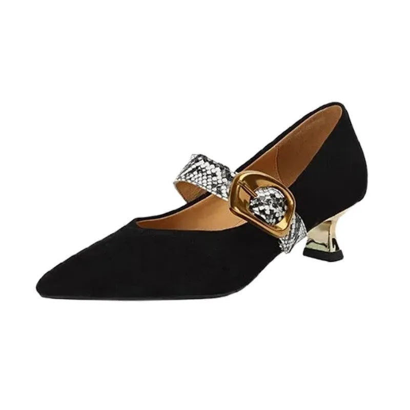 Black women's stiletto high heel shoes with buckle fastening and pointed toe on a solid background.