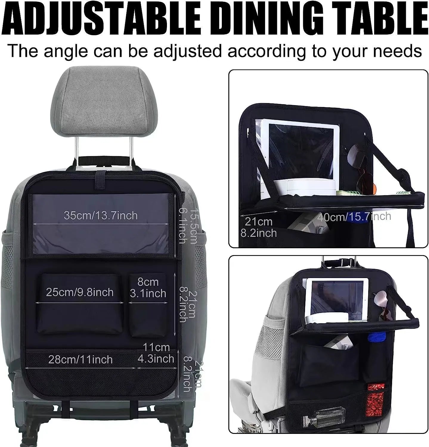 Black oxford cloth hanging storage bag for car seat and buggy organisation.