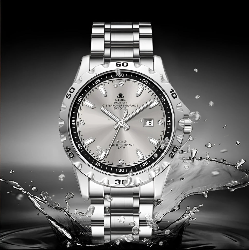 Men's silver case watch with sapphire crystal glass and stainless steel strap