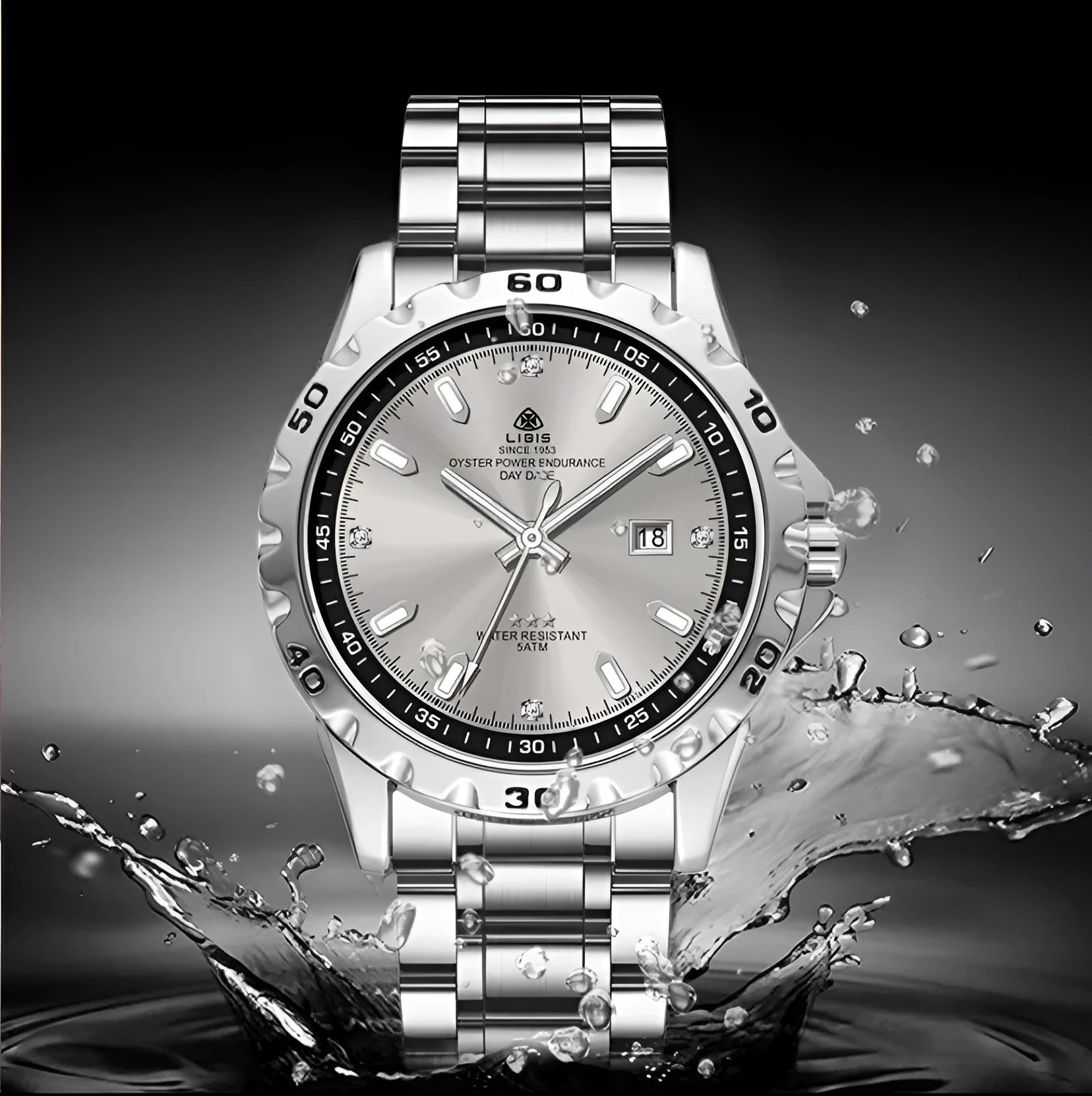 Men's silver case watch with sapphire crystal glass and stainless steel strap