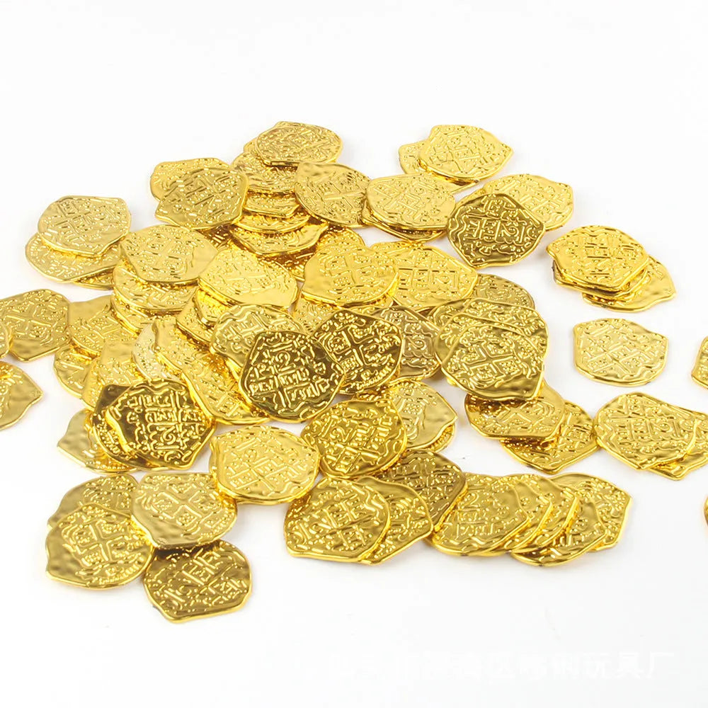Set of 100 plastic Roman pirate coins with gold, silver, or bronze electroplated finish.