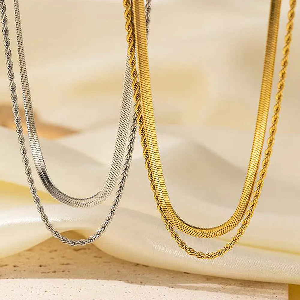 Women's adjustable double-layer twist necklace with geometric titanium steel pendant and snake bone chain