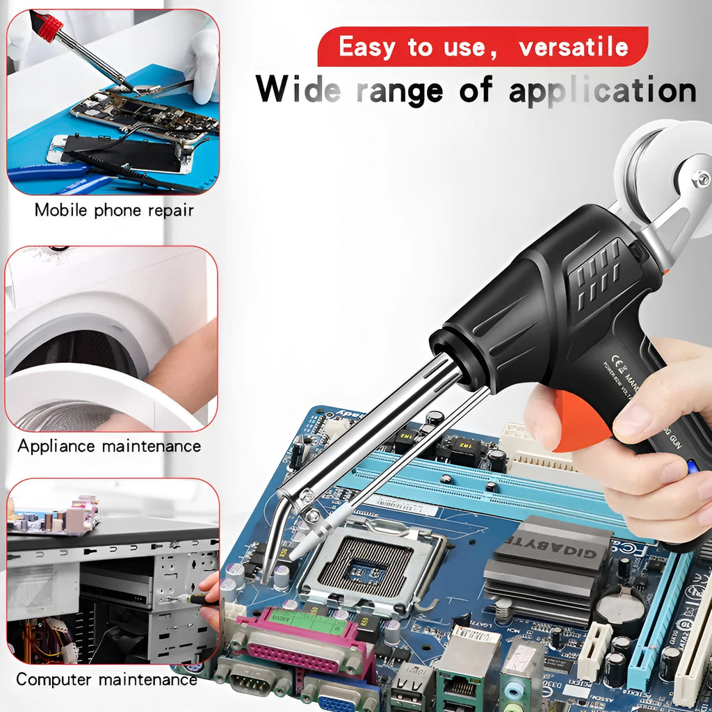 Black G102 alloy soldering gun with integrated light, part of a five-piece tool kit.