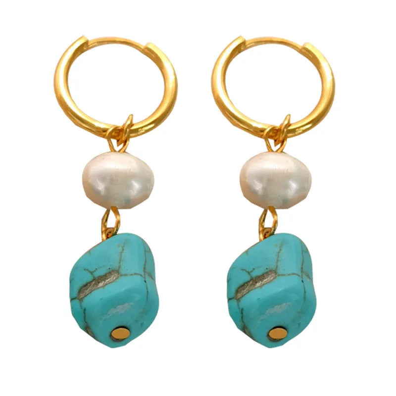 Geometric copper ear clip earrings with irregular turquoise stones and cultured pearls in long and short styles