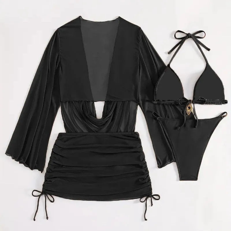 Dark brown women's lace-up bikini swimsuit set, backless and sleeveless design.
